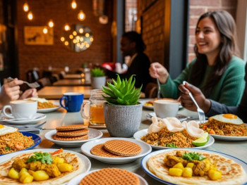 Delicious plates of Indonesian nasi goreng, Surinamese roti, and Dutch stroopwafels shared among friends in a cozy Amsterdam café Delicious plates of Indonesian nasi goreng, Surinamese roti, and Dutch stroopwafels shared among friends in a cozy Amsterdam café