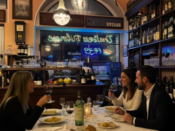 Warm trattoria interior with diners lingering over late meals Warm trattoria interior with diners lingering over late meals