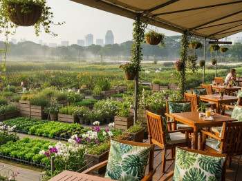 Outdoor cafe seating overlooking orchid farms and vegetable plots Outdoor cafe seating overlooking orchid farms and vegetable plots