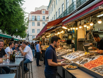 Vibrant stalls at Campo de Ourique Market, locals enjoying fresh seafood and wine Vibrant stalls at Campo de Ourique Market, locals enjoying fresh seafood and wine