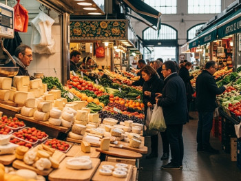 Vibrant stalls at Mercado de Alvalade with locals shopping for fresh produce and cheese Vibrant stalls at Mercado de Alvalade with locals shopping for fresh produce and cheese