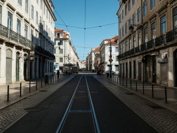 Sunny spring day in Lisbon, with empty streets and mild weather Sunny spring day in Lisbon, with empty streets and mild weather