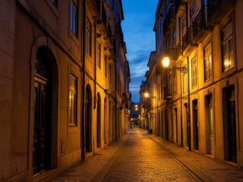 Quiet Lisbon street at dusk, with warm light filtering through narrow alleys Quiet Lisbon street at dusk, with warm light filtering through narrow alleys
