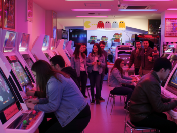 A busy retro arcade with old-school arcade machines A busy retro arcade with old-school arcade machines