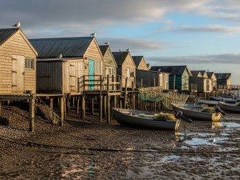 Oyster sheds along Mersea Island shore Oyster sheds along Mersea Island shore
