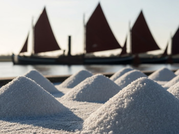Maldon sea salt piles with barges in background Maldon sea salt piles with barges in background