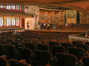 Palau de la Música Catalana interior with people relaxing and taking pictures Palau de la Música Catalana interior with people relaxing and taking pictures