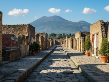 Quiet Pompeii street with Vesuvius under clear sky Quiet Pompeii street with Vesuvius under clear sky