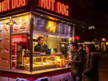 Japadog food truck at night preparing teriyaki dog Japadog food truck at night preparing teriyaki dog
