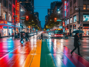 Davie Street at night with rainbow crosswalk and neon signs Davie Street at night with rainbow crosswalk and neon signs
