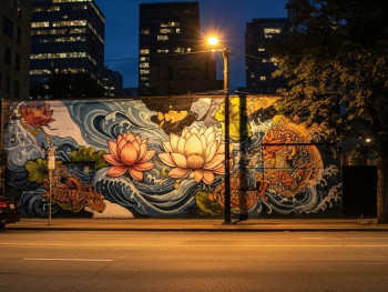 Street art mural in Main Street alley under streetlights Street art mural in Main Street alley under streetlights
