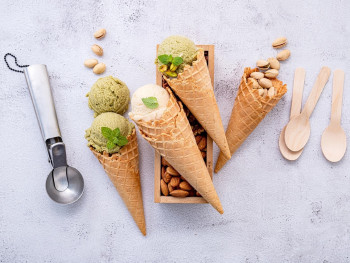 Artisan gelato at Raki on Via San Cesareo with pistachio and ricotta fig Artisan gelato at Raki on Via San Cesareo with pistachio and ricotta fig