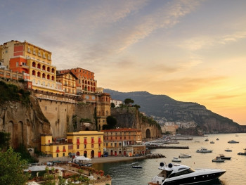 Garden terrace at Terrazza Bosquet overlooking Sorrento and the bay at sunset Garden terrace at Terrazza Bosquet overlooking Sorrento and the bay at sunset