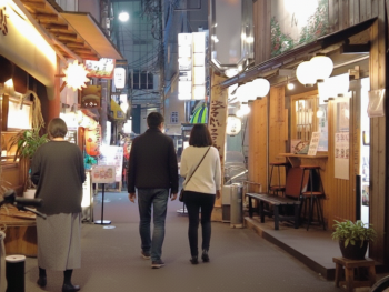 Walking with a local guide through a Namba alley with lantern glow Walking with a local guide through a Namba alley with lantern glow