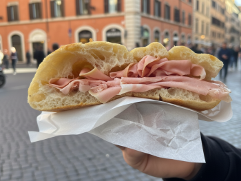 Someone holding a slice of pizza bianca with mortadella on a Roman street Someone holding a slice of pizza bianca with mortadella on a Roman street