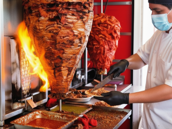 Street food vendor preparing tacos al pastor on a trompo with flames visible Street food vendor preparing tacos al pastor on a trompo with flames visible