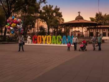 Evening scene in Plaza Hidalgo, Coyoacán with families Evening scene in Plaza Hidalgo, Coyoacán with families