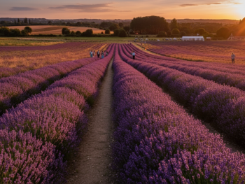 Purple rows at Hitchin Lavender under a soft sunset sky Purple rows at Hitchin Lavender under a soft sunset sky