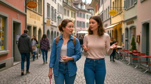 Two women walking on a cobblestone street in Zurich, Switzerland.