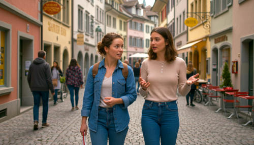 Two women walking on a cobblestone street in Zurich, Switzerland.