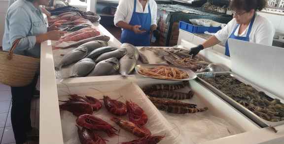Early-morning fishmonger arranging fresh sardines on ice at Mercado da Ribeira