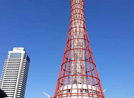 Group of people standing in front of Kobe Port Tower in Japan.