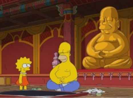 Cartoon figures standing and sitting on a wooden floor inside a decorated hall.