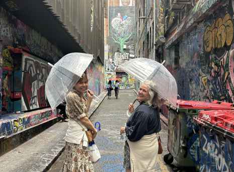 Hosier Lane with colorful street art and pedestrians.