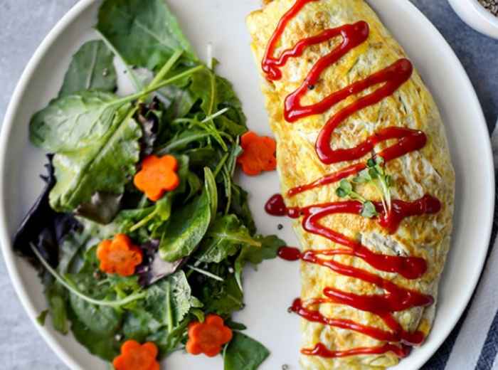 Omurice and Japanese hot cakes for breakfast