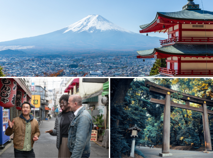 Mt Fuji, Local guide showing guests around and Meiji Ji