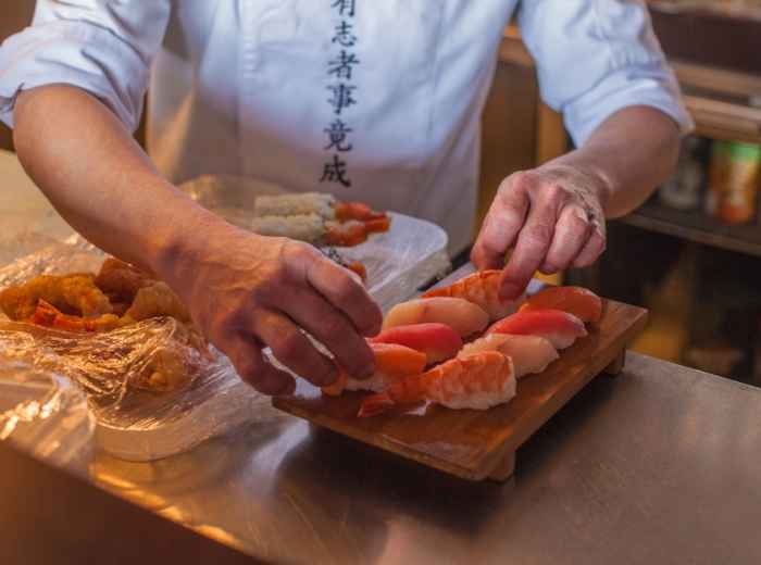 Assortment of sushi being prepared in Tokyo, Japan
