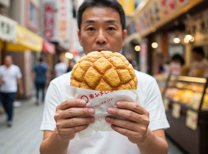 Customer holding melon pan in paper wrap photo