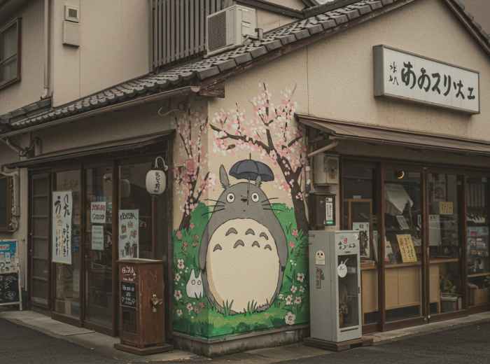 Ghibli-inspired street art on small neighborhood shop wall.