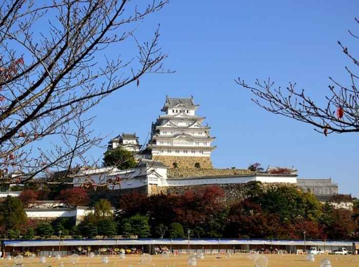 Trees framing a view of Himeji Castle