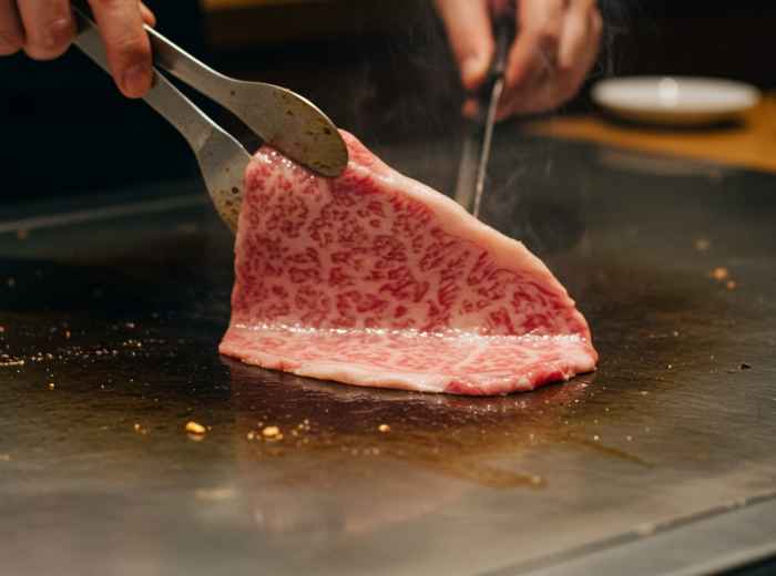 Close-up of marbled Kobe beef being cooked on a teppanyaki grill