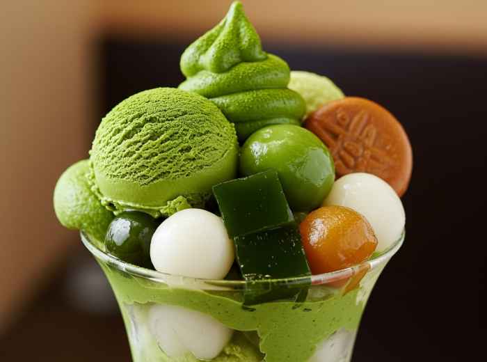  Elaborate matcha parfait with layers of green tea ice cream, jelly, and traditional Japanese sweets