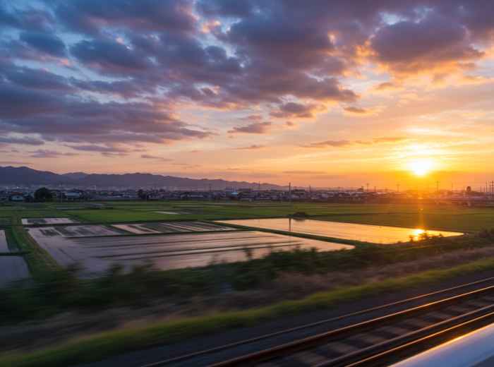 Sunset view from inside the shinkansen returning to Osaka, with rural landscapes passing by