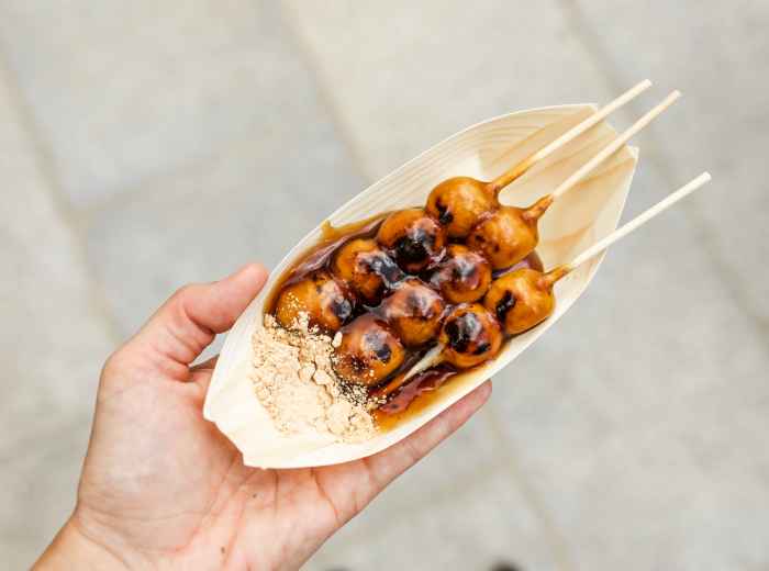 Traditional mitarashi dango with golden glaze.