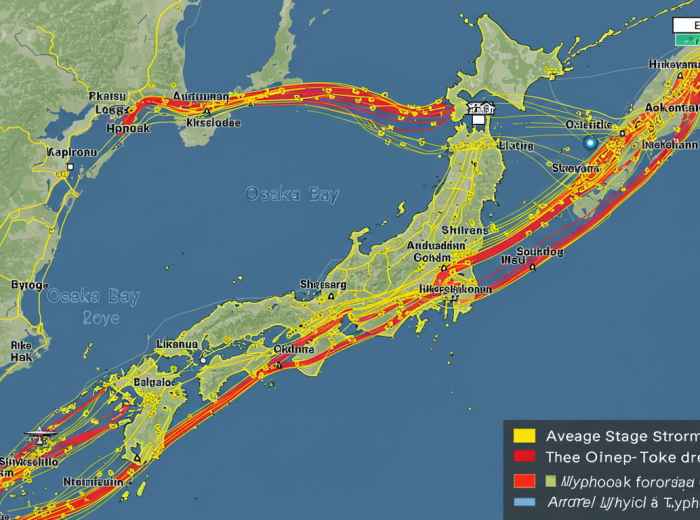 Radar map showing typical typhoon paths around Osaka region