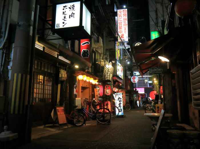 View from a quiet Osaka alley with small signs and moody lighting. 