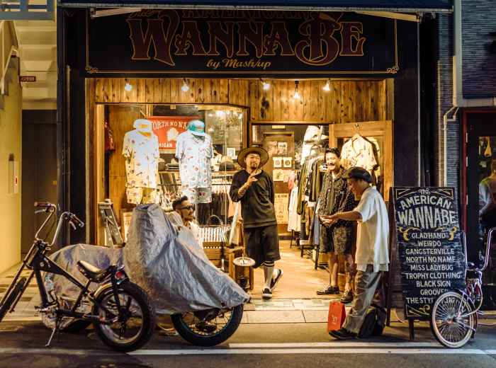 Vintage clothing display in Amerika-mura shop.