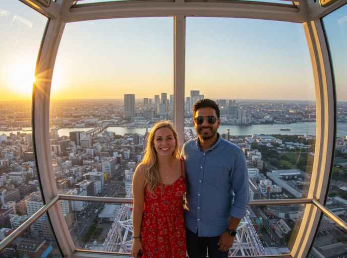 Couple enjoying view from Tempozan Ferris Wheel.
