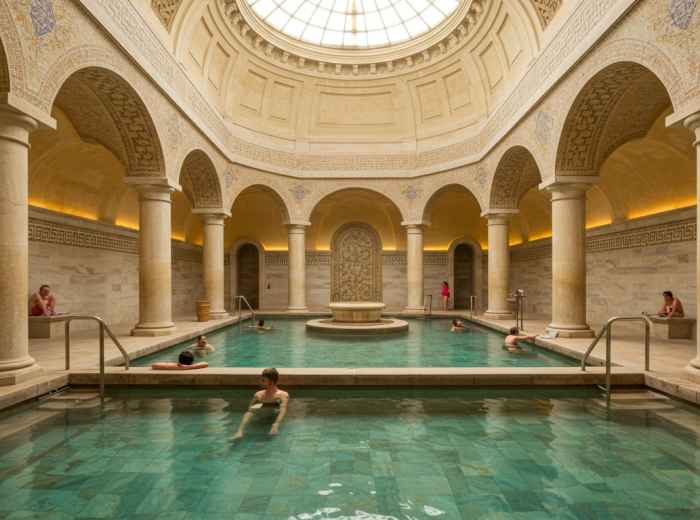 Roman-style bath interior at Spa World.