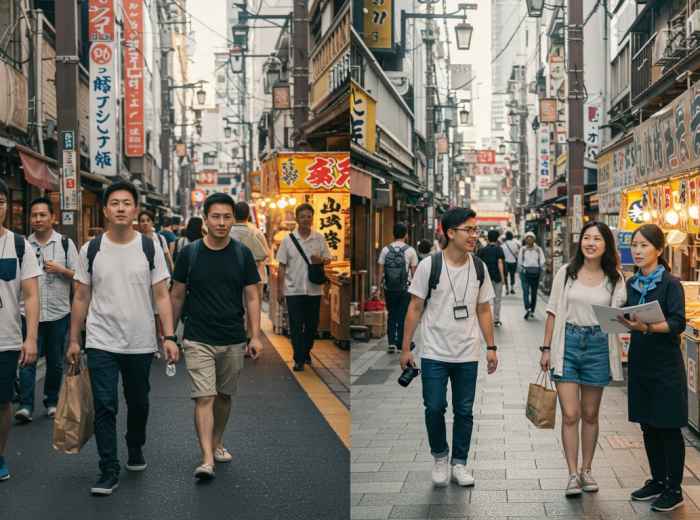 Happy travelers enjoying personalized attention versus frustrated group tourists.