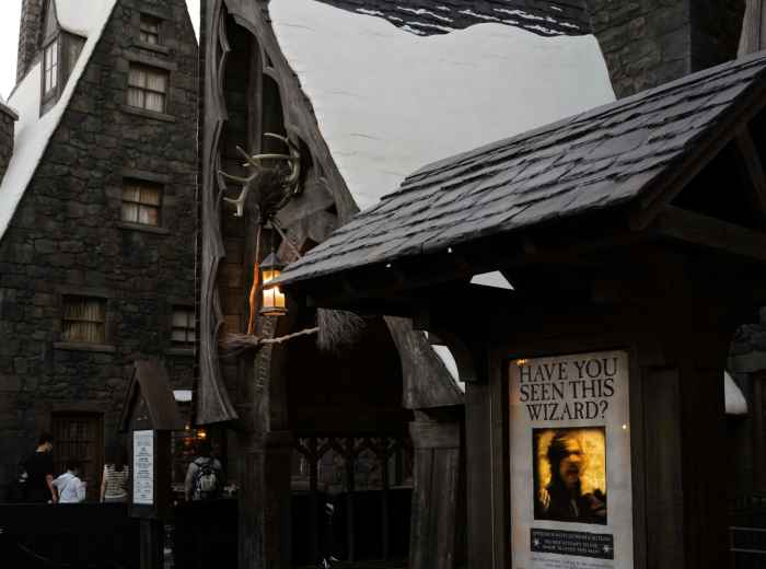 Visitors in Hogwarts robes walking through the snowy streets of Hogsmeade at Universal Studios Japan, with Mount Fuji-themed souvenirs in the shop window. Photo by fan yang on Unsplash