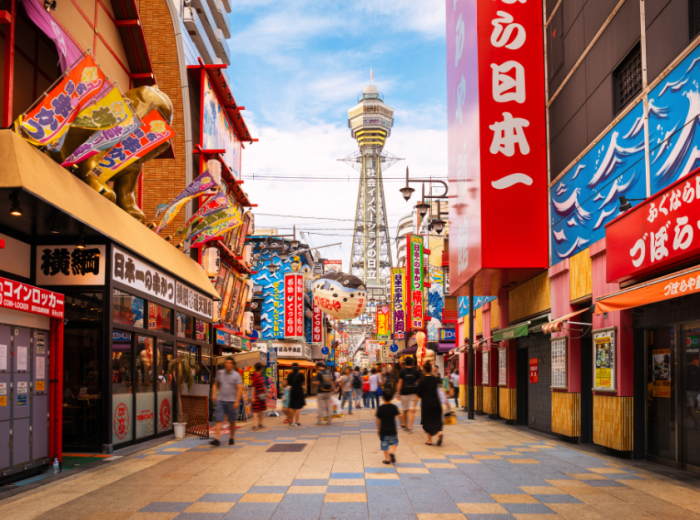  Quiet street in Shinsekai district during shoulder season with comfortable walking weather