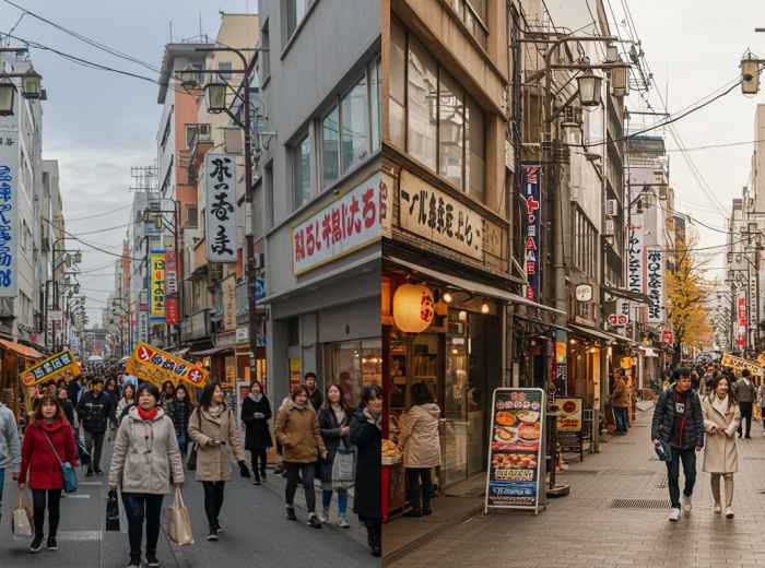Comparison shot showing the same Osaka street in April (crowded) versus October (peaceful). 