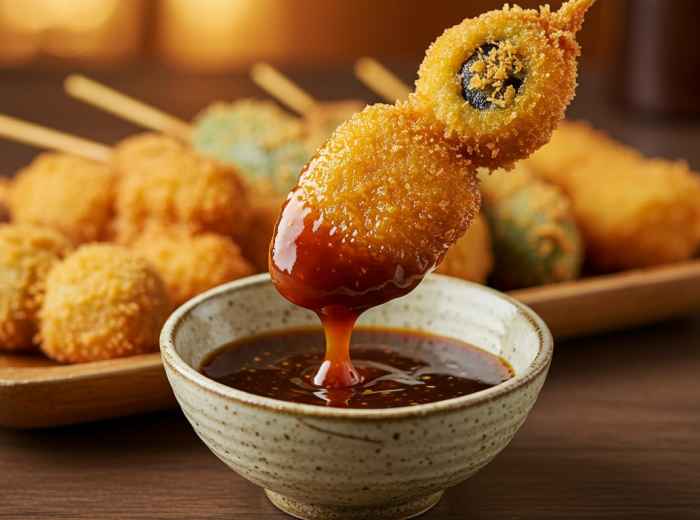 Kushikatsu skewers being dipped in sauce.