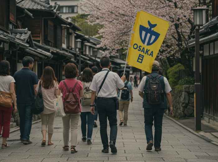 Tourist group following a tour guide with flag.