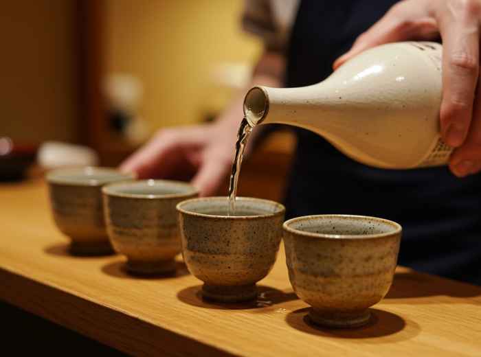 Sake being poured gently into traditional cups.